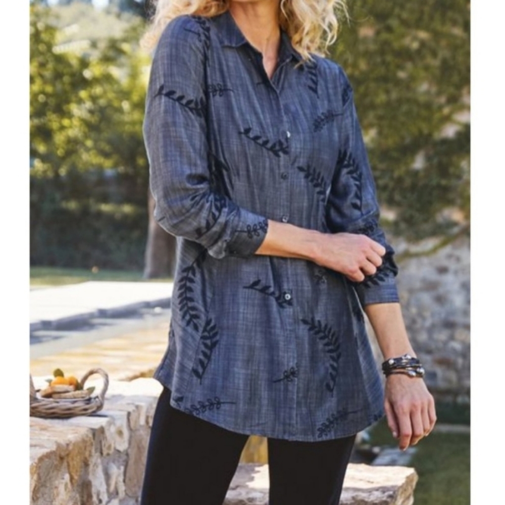 Soft Surroundings Papyrus Leaf Print Dark Gray Chambray Button Front Top Sz 3X